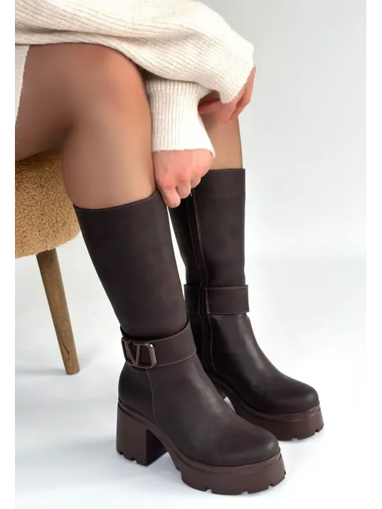 Moki Kahverengi Nubuk Topuklu Çizme