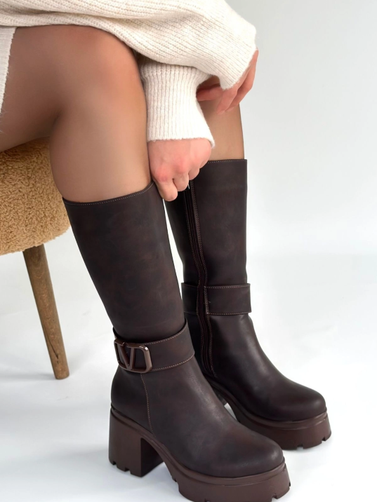 Moki Kahverengi Nubuk Topuklu Çizme