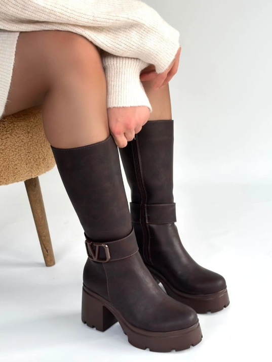 Moki Kahverengi Nubuk Topuklu Çizme