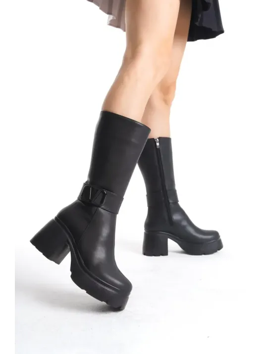 Moki Siyah Cilt Topuklu Çizme Moki Siyah Cilt Topuklu Çizme