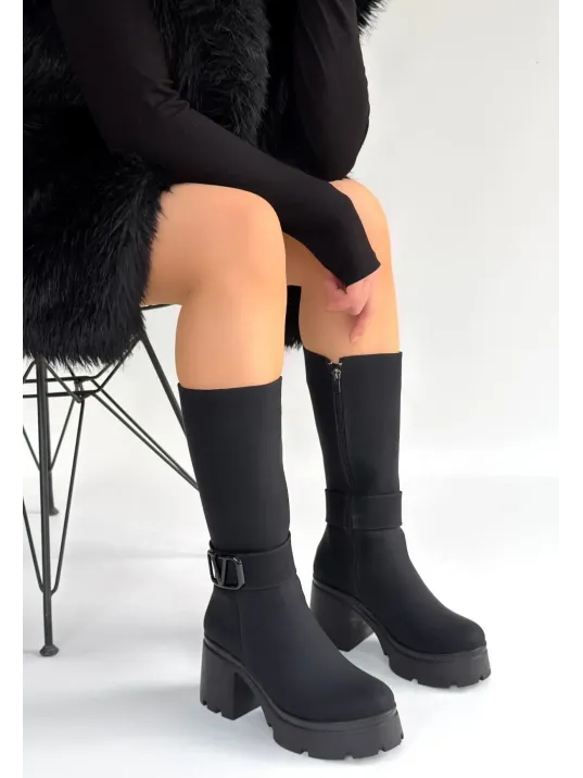 Moki Siyah Nubuk Topuklu Çizme