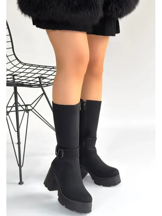 Moki Siyah Nubuk Topuklu Çizme