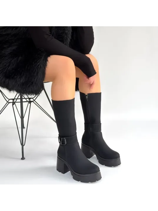 Moki Siyah Nubuk Topuklu Çizme