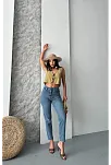 Mom Fit Bıyık Kar Yıkama Jeans Pantolon Koyu Mavi D2006