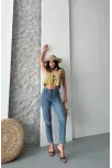Mom Fit Bıyık Kar Yıkama Jeans Pantolon Koyu Mavi D2006