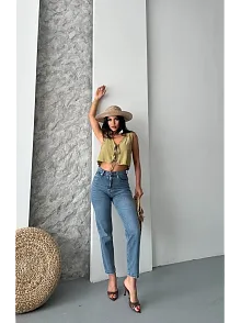 Mom Fit Bıyık Kar Yıkama Jeans Pantolon Koyu Mavi D2006