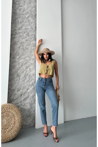 Mom fit bıyık kar yıkama jeans pantolon koyu mavi d2006