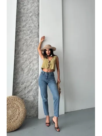 Mom Fit Bıyık Kar Yıkama Jeans Pantolon Koyu Mavi D2006