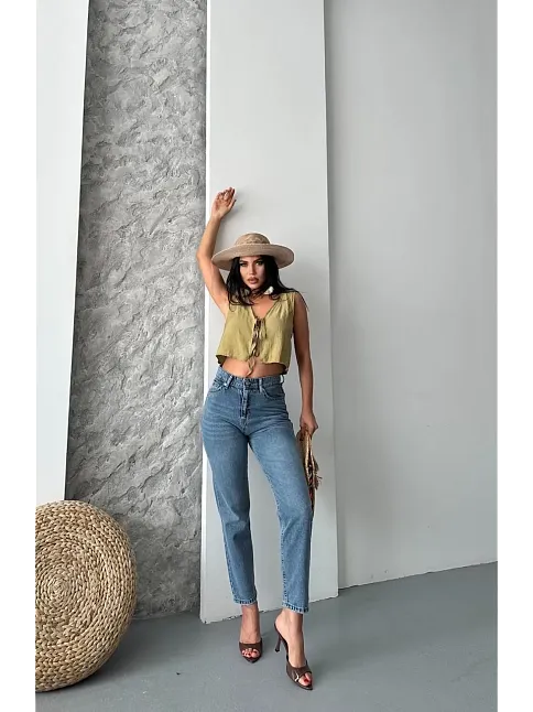 Mom Fit Bıyık Kar Yıkama Jeans Pantolon Koyu Mavi D2006