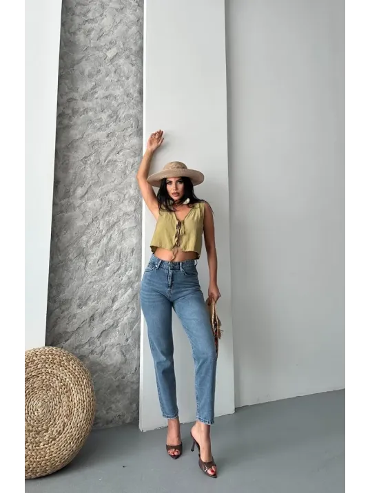 Mom Fit Bıyık Kar Yıkama Jeans Pantolon Koyu Mavi D2006