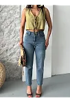 Mom Fit Bıyık Kar Yıkama Jeans Pantolon Koyu Mavi D2006
