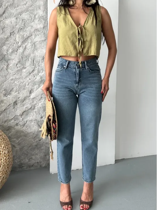 Mom Fit Bıyık Kar Yıkama Jeans Pantolon Koyu Mavi D2006