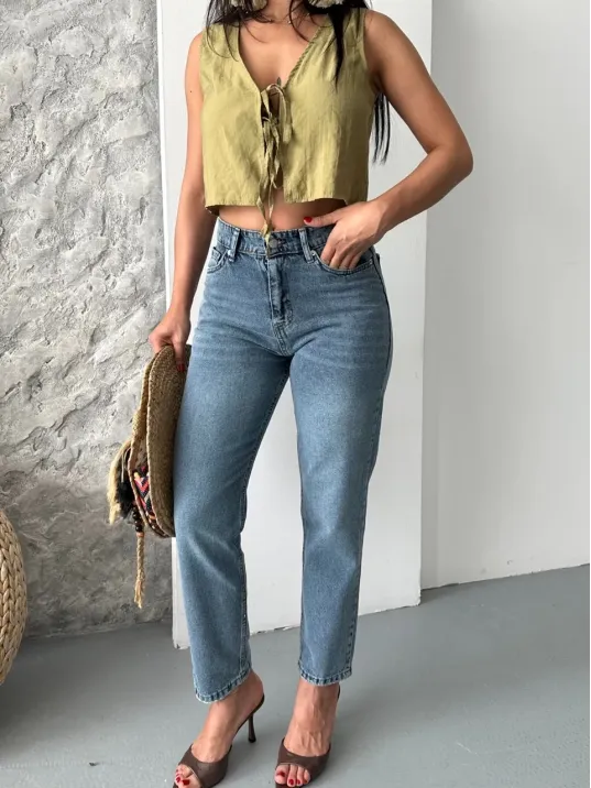 Mom Fit Bıyık Kar Yıkama Jeans Pantolon Koyu Mavi D2006