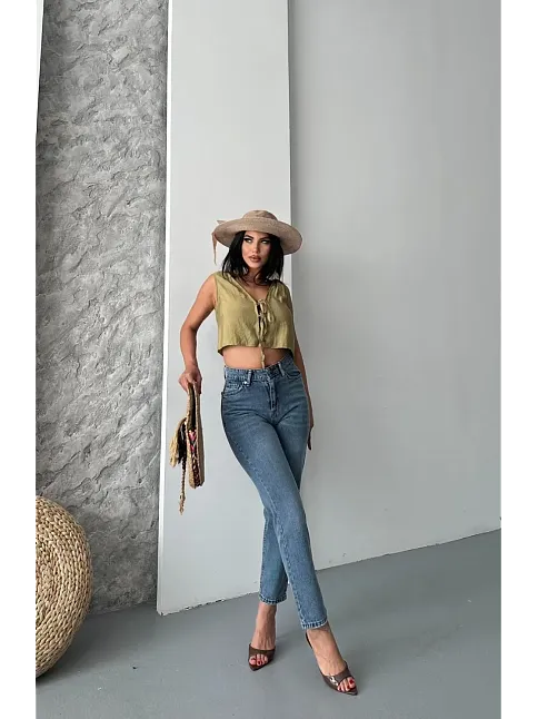 Mom Fit Bıyık Kar Yıkama Jeans Pantolon Koyu Mavi D2006
