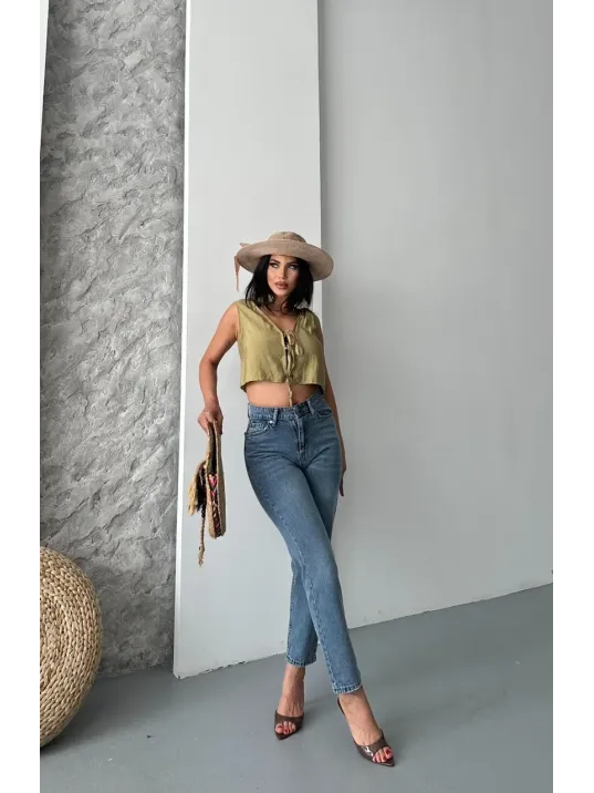 Mom Fit Bıyık Kar Yıkama Jeans Pantolon Koyu Mavi D2006