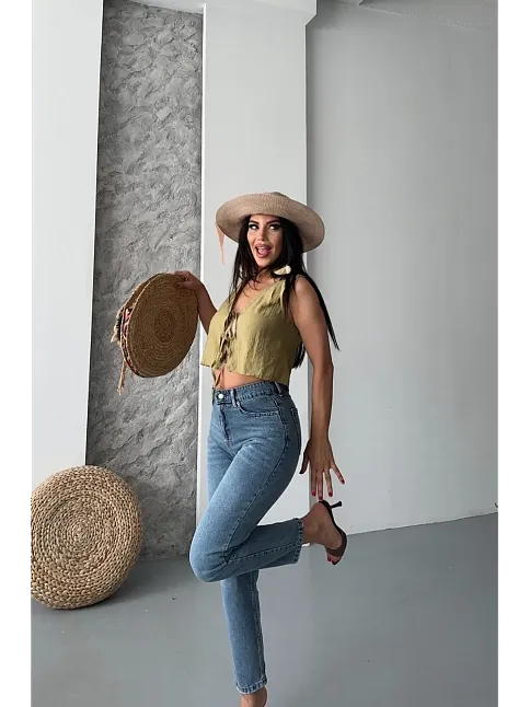 Mom Fit Bıyık Kar Yıkama Jeans Pantolon Koyu Mavi D2006