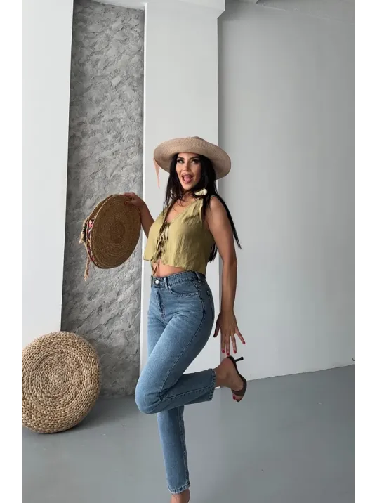 Mom Fit Bıyık Kar Yıkama Jeans Pantolon Koyu Mavi D2006