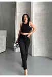 Mom Fit Enzim Bıyıklı Taş Yıkama Jeans Pantolon Siyah D2006