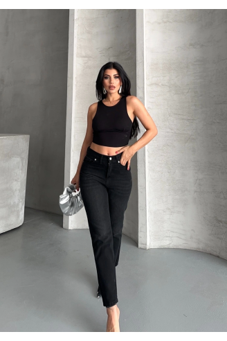 Mom fit enzim bıyıklı taş yıkama jeans pantolon siyah d2006