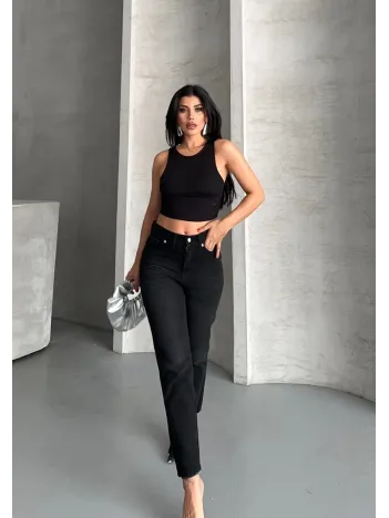 Mom Fit Enzim Bıyıklı Taş Yıkama Jeans Pantolon Siyah D2006