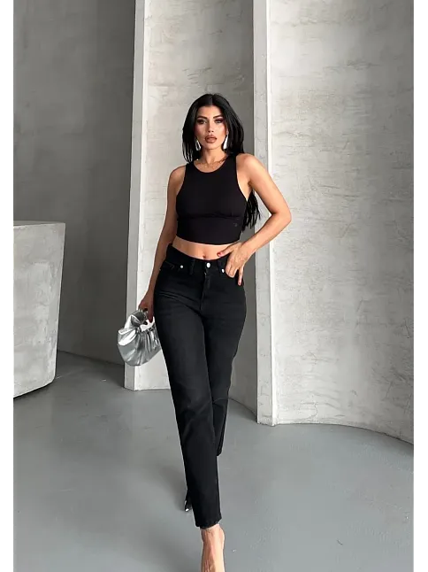 Mom Fit Enzim Bıyıklı Taş Yıkama Jeans Pantolon Siyah D2006