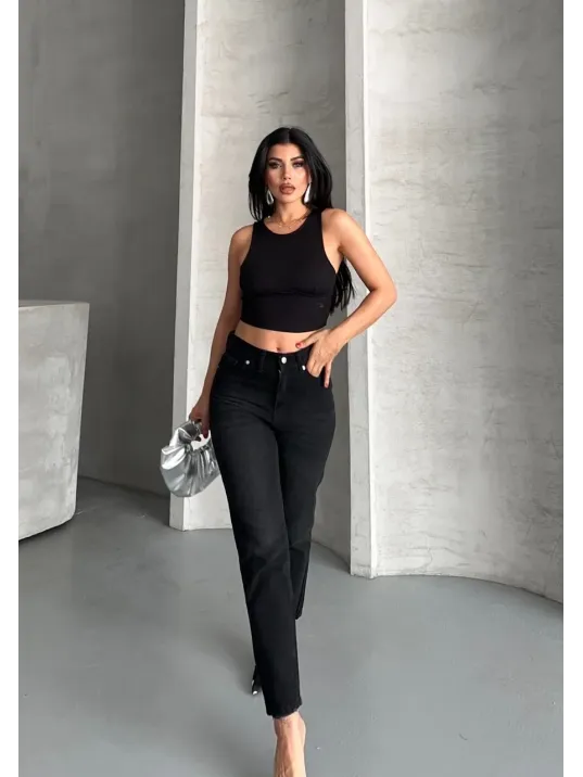 Mom Fit Enzim Bıyıklı Taş Yıkama Jeans Pantolon Siyah D2006