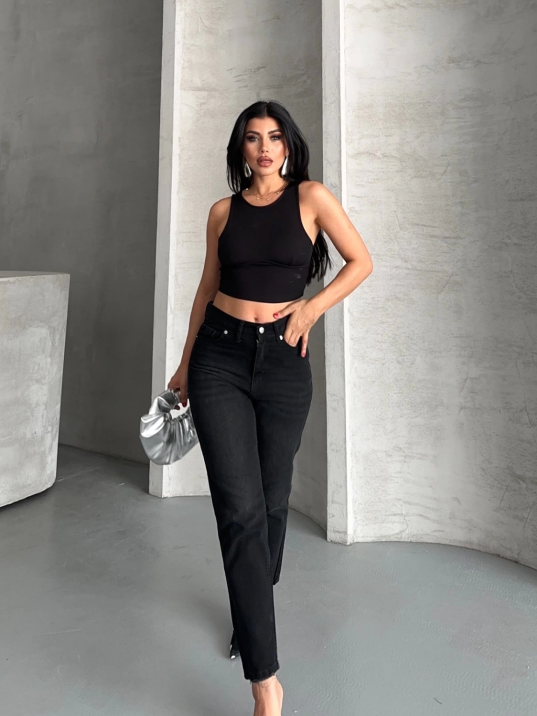 Mom fit enzim bıyıklı taş yıkama jeans pantolon siyah d2006