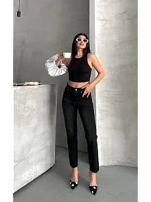 Mom Fit Enzim Bıyıklı Taş Yıkama Jeans Pantolon Siyah D2006