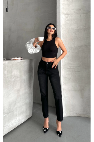 Mom fit enzim bıyıklı taş yıkama jeans pantolon siyah d2006