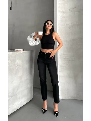 Mom Fit Enzim Bıyıklı Taş Yıkama Jeans Pantolon Siyah D2006