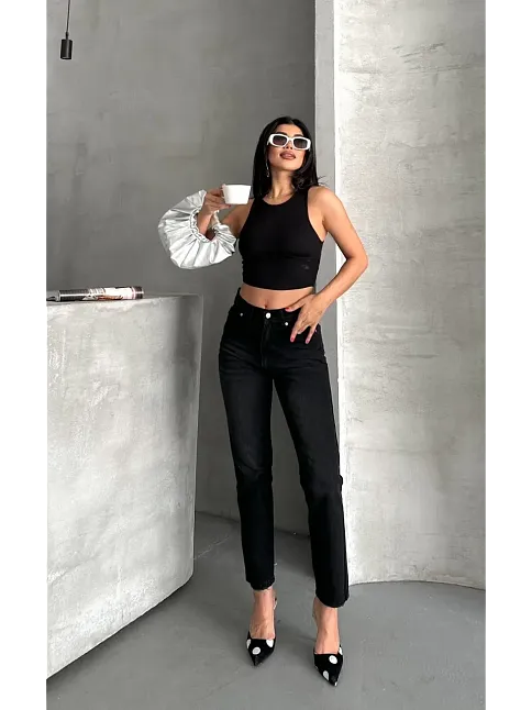 Mom Fit Enzim Bıyıklı Taş Yıkama Jeans Pantolon Siyah D2006