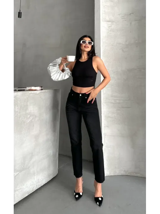 Mom Fit Enzim Bıyıklı Taş Yıkama Jeans Pantolon Siyah D2006