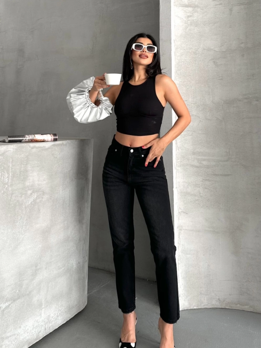 Mom fit enzim bıyıklı taş yıkama jeans pantolon siyah d2006