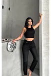 Mom Fit Enzim Bıyıklı Taş Yıkama Jeans Pantolon Siyah D2006
