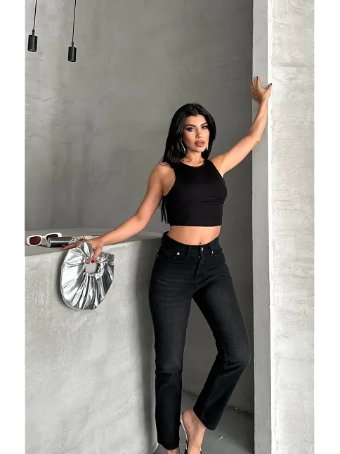 Mom Fit Enzim Bıyıklı Taş Yıkama Jeans Pantolon Siyah D2006