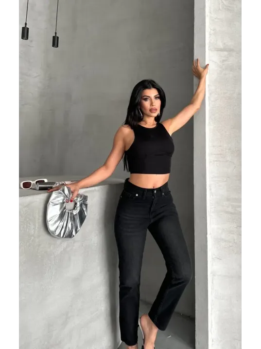 Mom Fit Enzim Bıyıklı Taş Yıkama Jeans Pantolon Siyah D2006