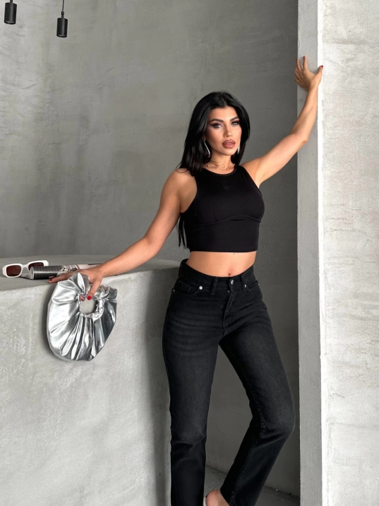 Mom fit enzim bıyıklı taş yıkama jeans pantolon siyah d2006