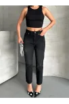 Mom Fit Enzim Bıyıklı Taş Yıkama Jeans Pantolon Siyah D2006