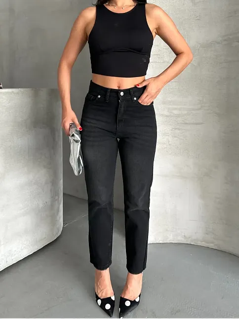 Mom Fit Enzim Bıyıklı Taş Yıkama Jeans Pantolon Siyah D2006