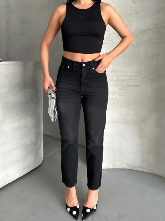 Mom Fit Enzim Bıyıklı Taş Yıkama Jeans Pantolon Siyah D2006
