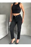 Mom Fit Enzim Bıyıklı Taş Yıkama Jeans Pantolon Siyah D2006