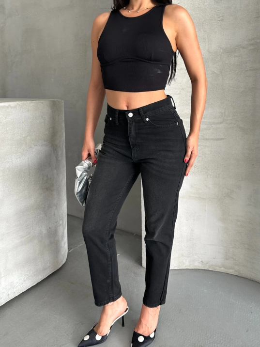 Mom fit enzim bıyıklı taş yıkama jeans pantolon siyah d2006