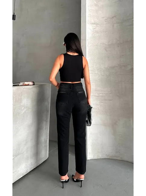 Mom Fit Enzim Bıyıklı Taş Yıkama Jeans Pantolon Siyah D2006