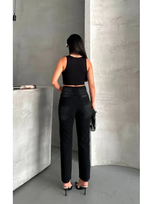 Mom Fit Enzim Bıyıklı Taş Yıkama Jeans Pantolon Siyah D2006