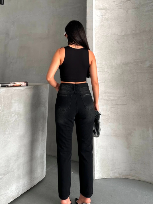 Mom fit enzim bıyıklı taş yıkama jeans pantolon siyah d2006