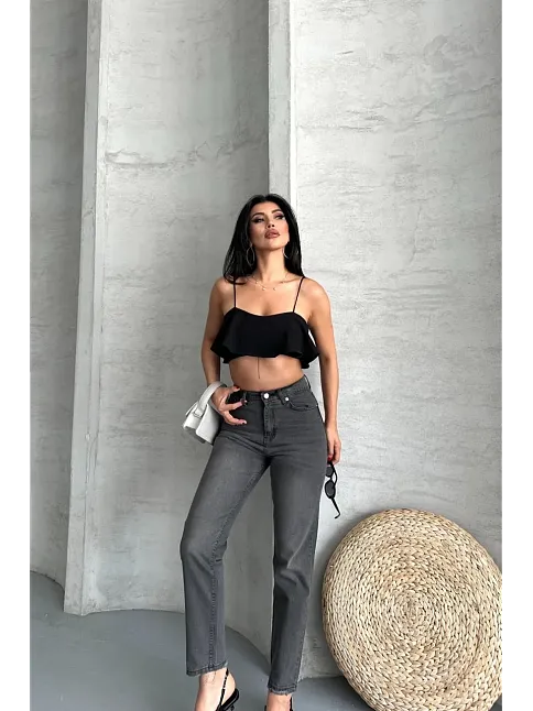 Mom Fit Enzim Taş Yıkama Jeans Pantolon Füme D2006