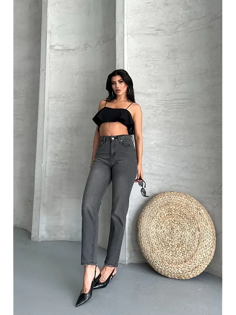 Mom Fit Enzim Taş Yıkama Jeans Pantolon Füme D2006