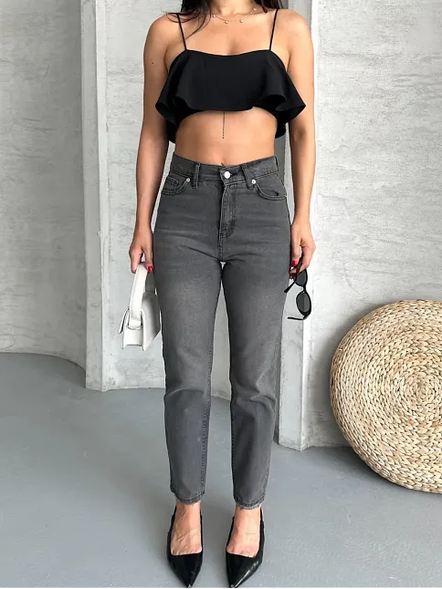 Mom Fit Enzim Taş Yıkama Jeans Pantolon Füme D2006