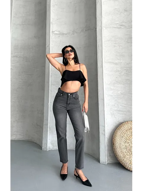 Mom Fit Enzim Taş Yıkama Jeans Pantolon Füme D2006