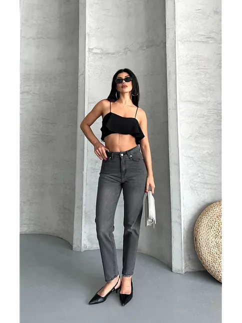 Mom Fit Enzim Taş Yıkama Jeans Pantolon Füme D2006